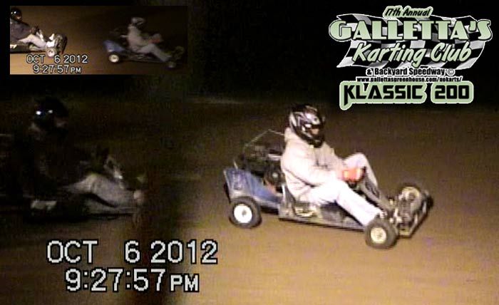 However, it seemed as if Brian suddenly lost a lot of speed, as Kyle Reuter out of nowhere caught the #13 and took the lead in the Galletta's Greenhouse #2. Kyle, a highly experienced racer (in Quarter Midgets, Methanol Karts and Galletta Karts alike) is the only visiting driver to win the Galletta's Klassic in the prior 16 year history of the event, usually tries to get up front and stay there, knowing just how hard it is to pass at Galletta's with the karts all being so close. Here he is being chased by Randy Platt in his Platt-Num Murder #187 kart, who also got Brian before the #13 dropped out (he then got into his backup, the #28, but after a couple of spins in it, parked both his karts for the night). Reuter then led the next 74 laps with little to no challenges from the field, although Platt stayed with him most of the time. 