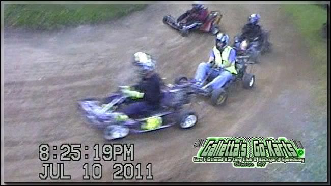 Late leader Joe Sereno had a half-track lead for a large percentage of the race (and earned many leader bonus points from that lead), as Melissa Stevens held off the rest of the field in her #80 kart. Here she is seen holding off Justin Galletta (#7), Chris Stevens (#4) and Matt Stevens (#3).