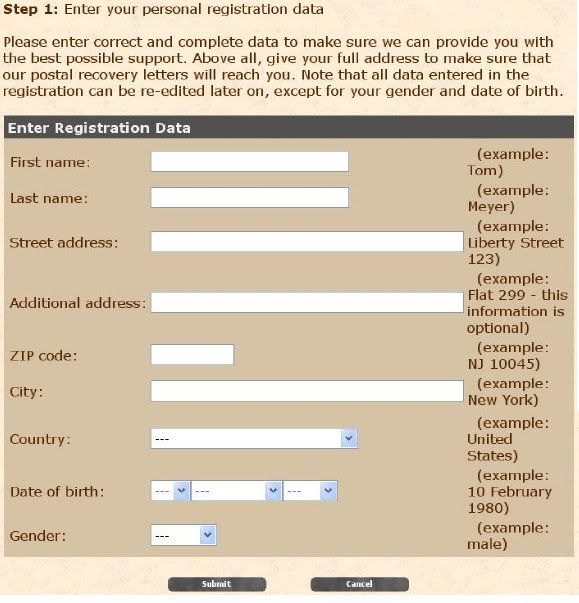 Formulário de registração da conta