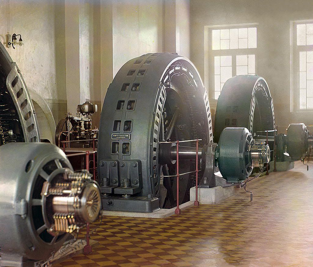 Alternators made in Budapest, Hungary, in the power generating hall of a hydroelectric station in Iolotan on the Murghab River 1905-15 photo 04414v.jpg