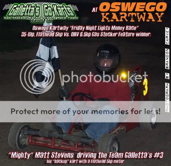 Matt Stevens wins a mixed motor (5hp-6.5hp gas stocker) money race at Oswego Speedway in his #3 Gas Stocker!